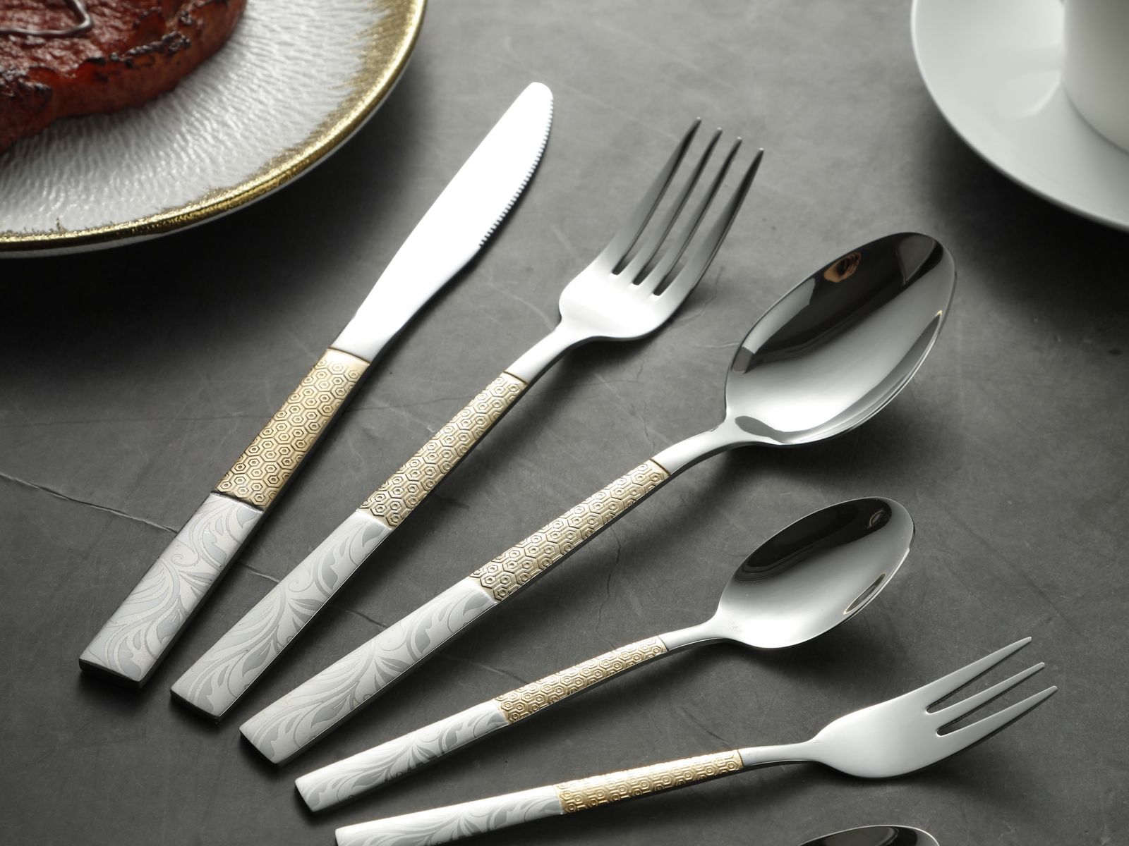Ornate Gold-Trimmed Stainless Steel Flatware Set