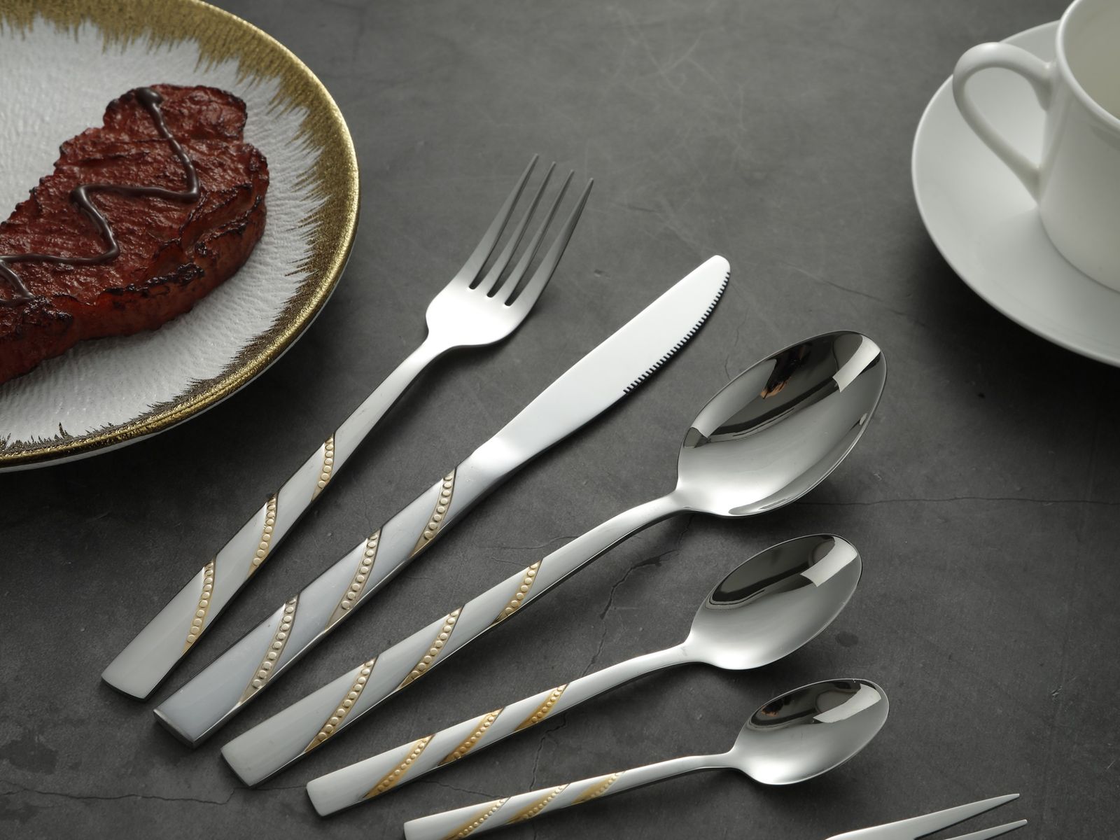 Diagonal Gold Beaded Stainless Steel Flatware Set