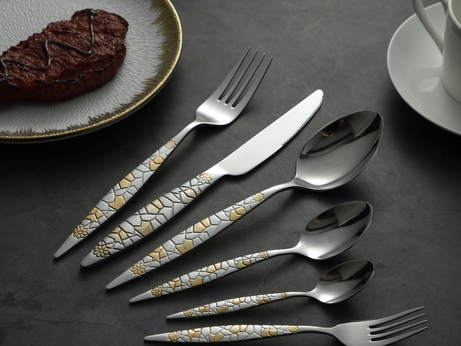 Mosaic Gold-Embossed Stainless Steel Flatware Set