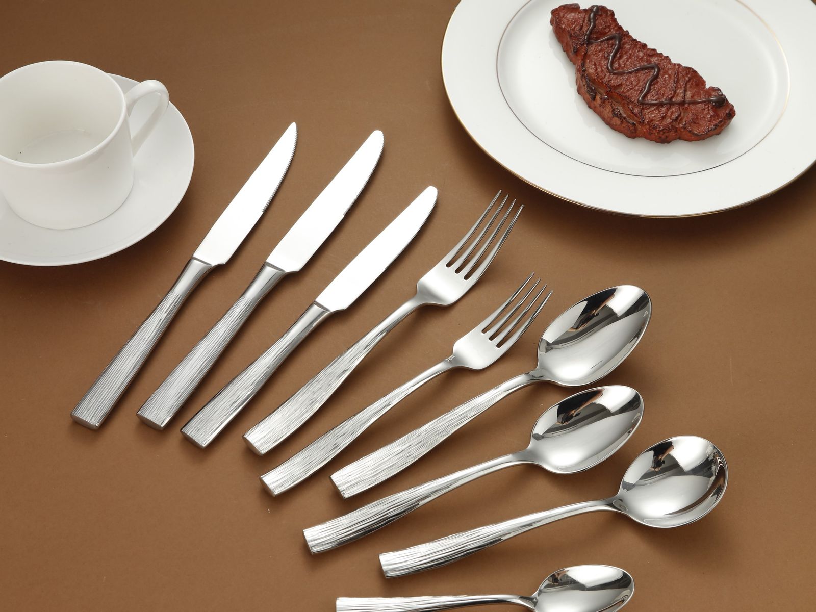 Brushed Linear Textured Stainless Steel Flatware Set